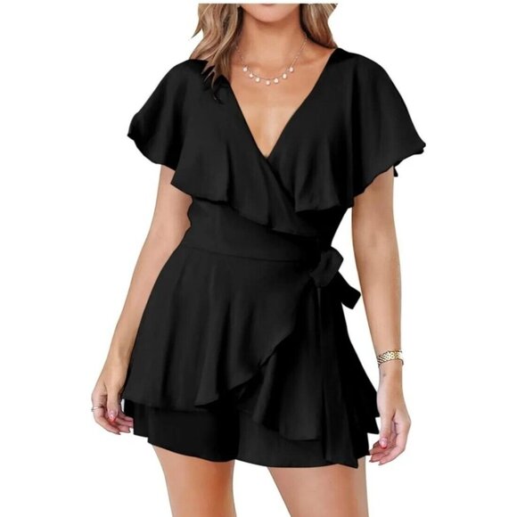 Kirundo Pants - Kirundo Women's XXL Black Wrap V Neck Romper Short Sleeve Tie Waist Ruffle NWT